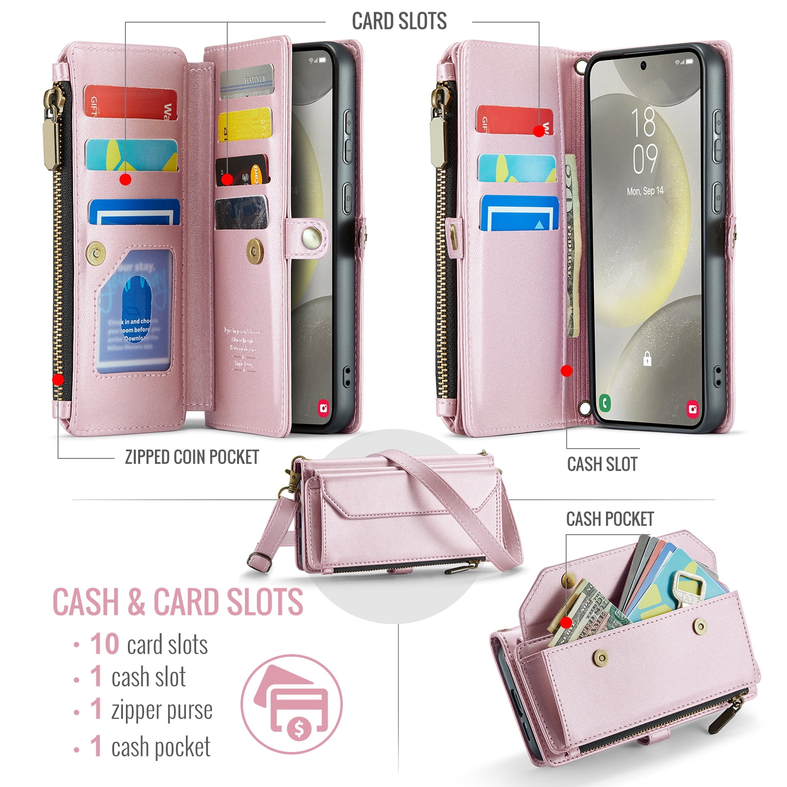 Asuwish Compatible with Samsung Galaxy S24 5G Zipper Wallet Phone Case Tempered Glass Screen Protector Crossbody Lanyard Strap Flip Card Holder Slot Cell Cover for S 24 24S G SM-S931U Women Rose Gold