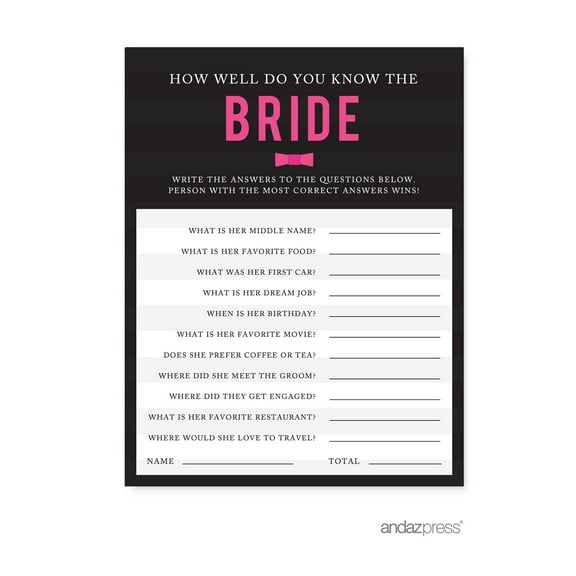 How Well Do You Know The Bride? Modern Black and White Stripes Wedding Bridal Shower Game Cards, 20-Pack