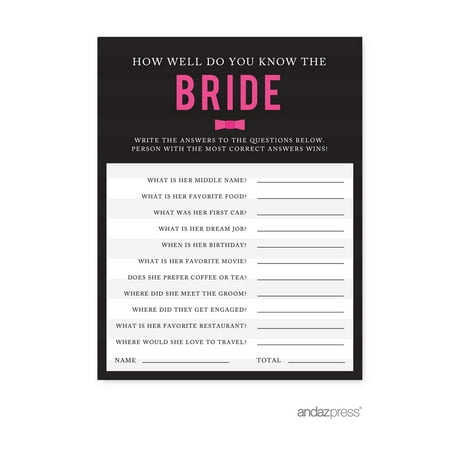 How Well Do You Know The Bride? Modern Black and White Stripes Wedding Bridal Shower Game Cards, 20-Pack