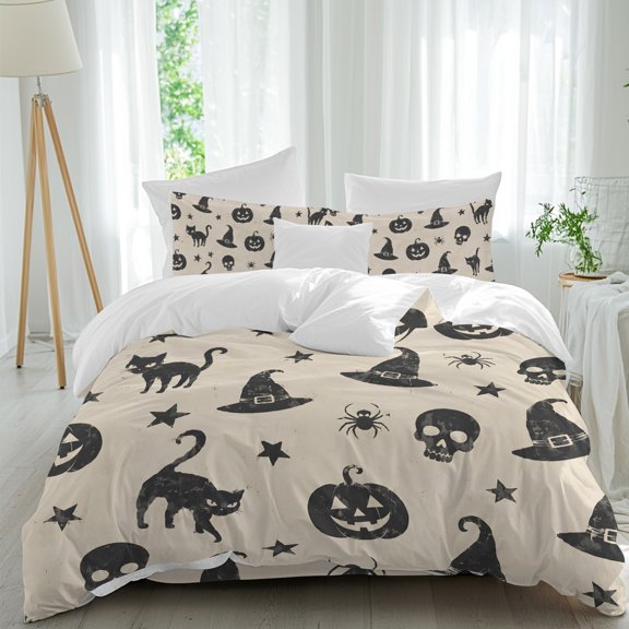 Halloween Twin Duvet Cover Set, Cat Witch Hats Skulls Stars Pumpkin Black 4 Piece Microfiber Bedding Set with Zipper Closure, Bed Sheet and 2 Pillow Shams, Soft Bedding Cover