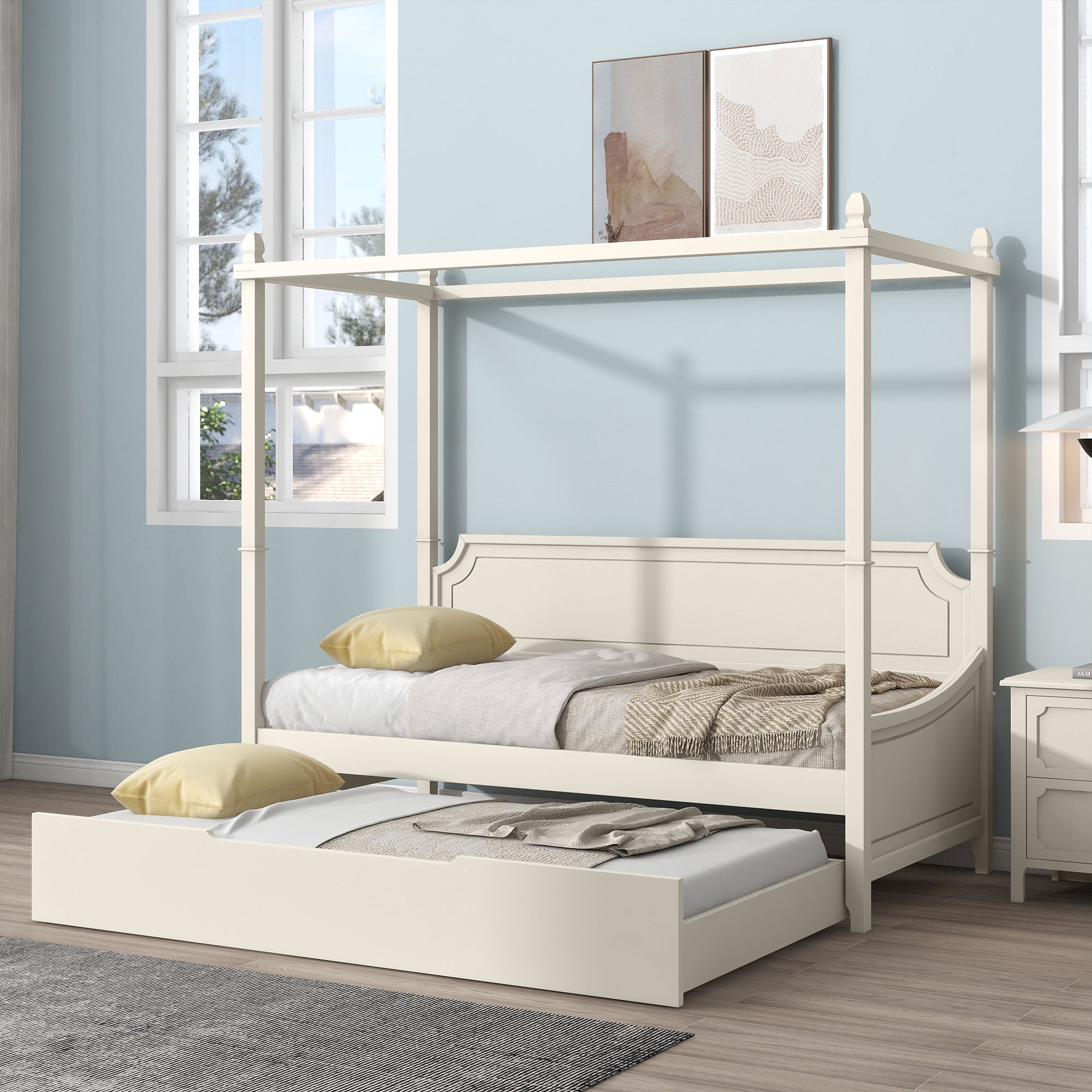 Milky White Solid Rubber Wood Twin Size Canopy Daybed with Trundle Four