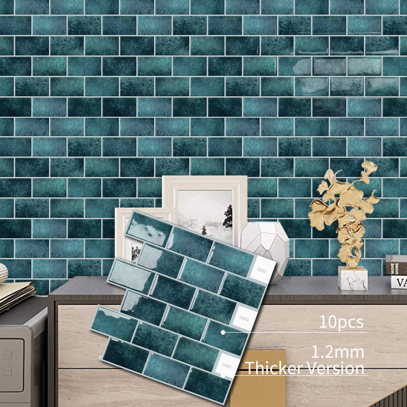 DEWOO Peel and Stick Backsplash - 10 Sheets of 12"×12" - 3D Adhesive Peel and Stick Tile Backsplash for Kitchen, Bathroom, Wall Tile, Blue