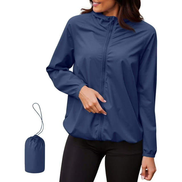 Floleo Manteau de Pluie pour Femme Imperméable Léger et Compact avec Capuchon pour Golf Randonnée Voyage Coupe-Vent Hauts avec Poches (Marine, m)