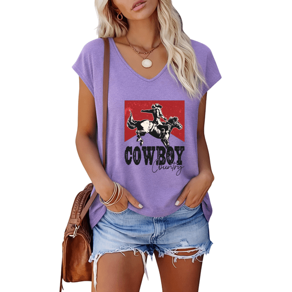 UNISHE Womens Purple Rodeo Cowboy Print V Neck Short Sleeve T-Shirt Vintage S-5XL Tops