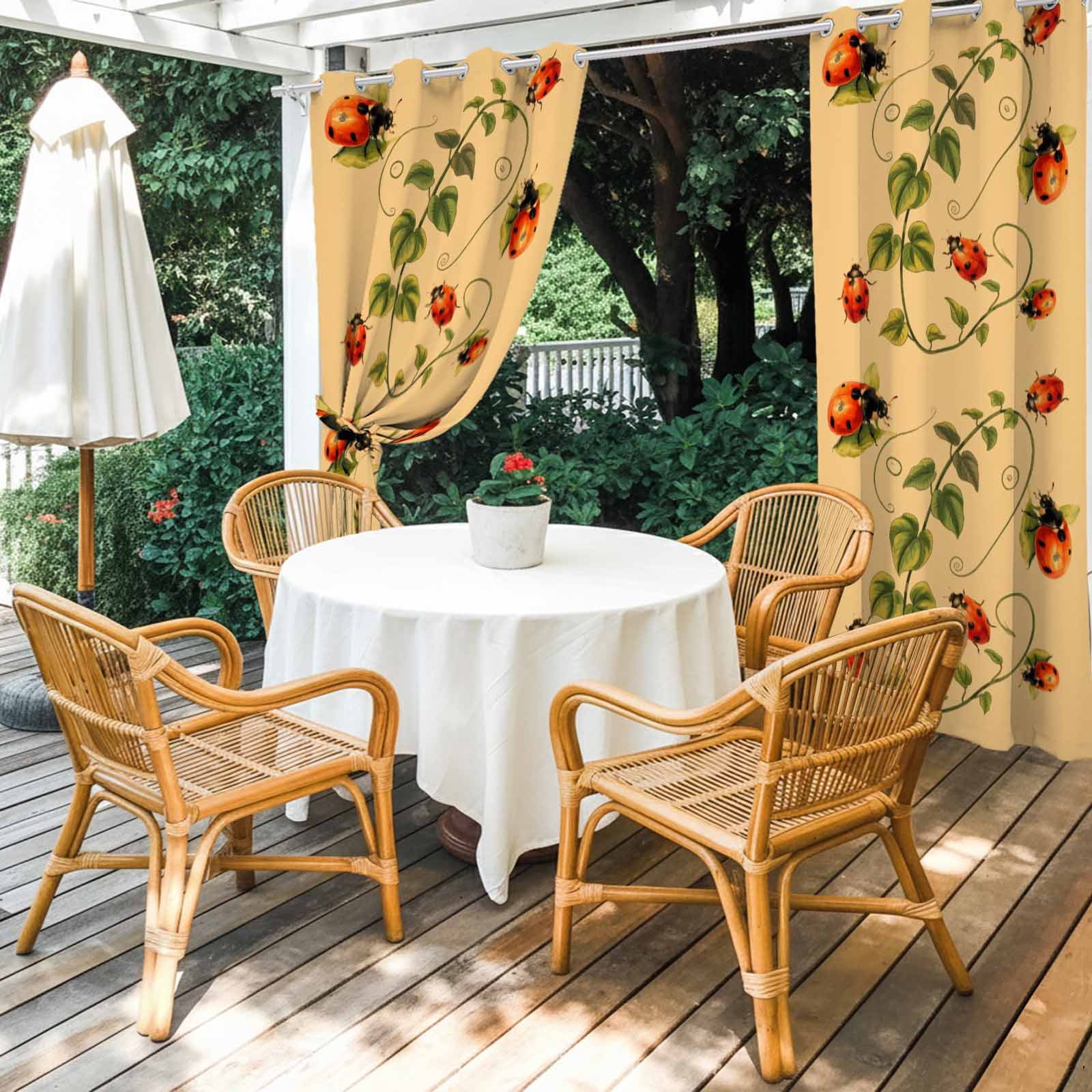 Outdoor Curtains for Patio Waterproof, Ladybugs Eucalyptus Outdoor Privacy Panels Grommet, Spring Botanical Leaves Yellow Blackout Outside Curtains for Porch/Cabana/Pergola/Gazebo 54"x84", 1 Panel