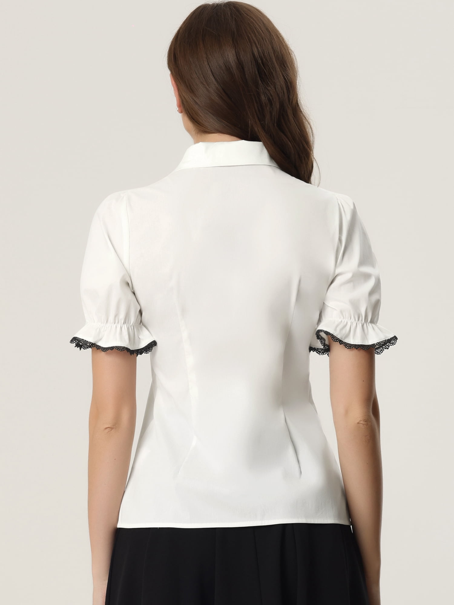DARING DIVA Women's Peter Pan Collar Contrast Trim Puff Sleeve Shirt XL White