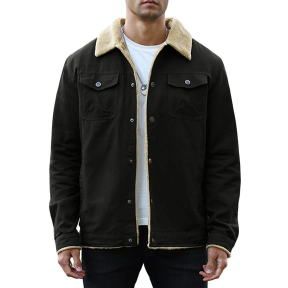 Men's Winter Trucker Jacket Thick Thermal Cotton Warm Fleece Lined Coat with Flap Pockets