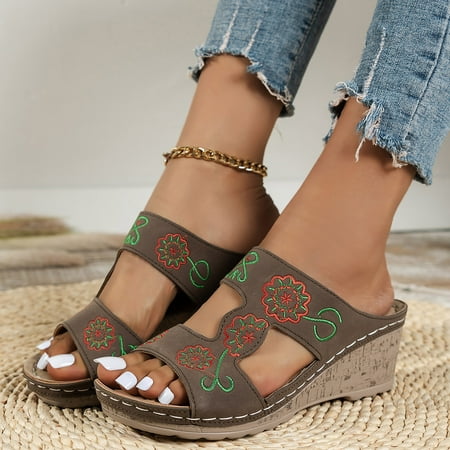 

XIAQUJ Women Summer Embroid Flowers Prints Slip on Casual Open Toe Wedges Comfortable Beach Shoes Sandals Sandals for Women Brown 6.5(37)