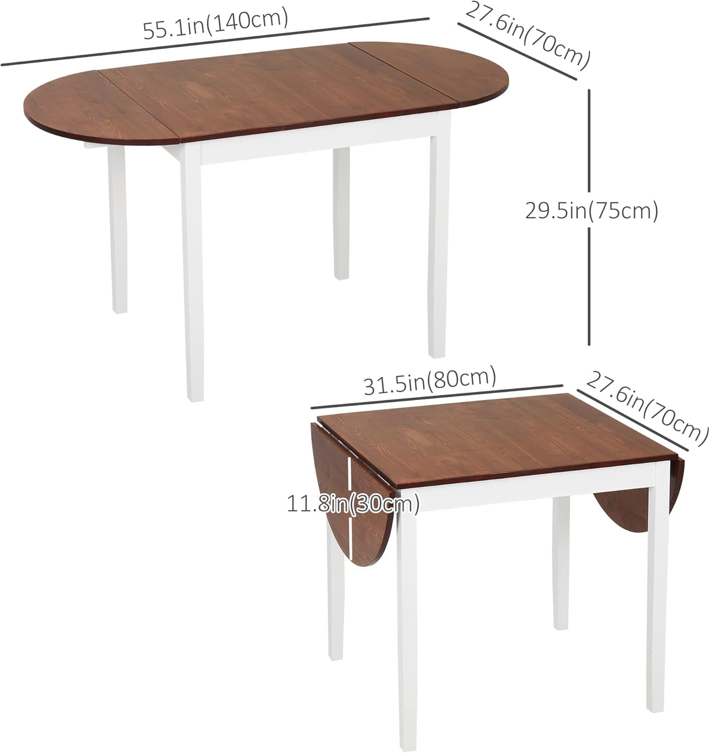 GARITIN Solid Wood Folding Dining Table, Drop Leaf Kitchen Dining Room Desk for Small Spaces, Expandable Folding Round Table for Home Apartment Office, Brown+White