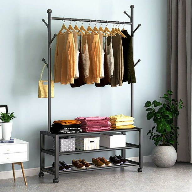 Clothes Garment Rack Display Shelf Hall Tree Clothing Rolling Rack With Shoe Storage On Wheels Walmart Com Walmart Com