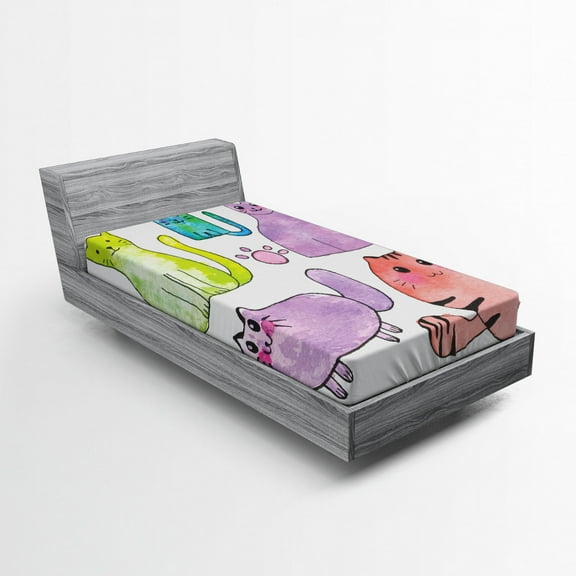 Ambesonne Kitten Fitted Sheet, Cats in Watercolor Style, Twin Size, Multicolor