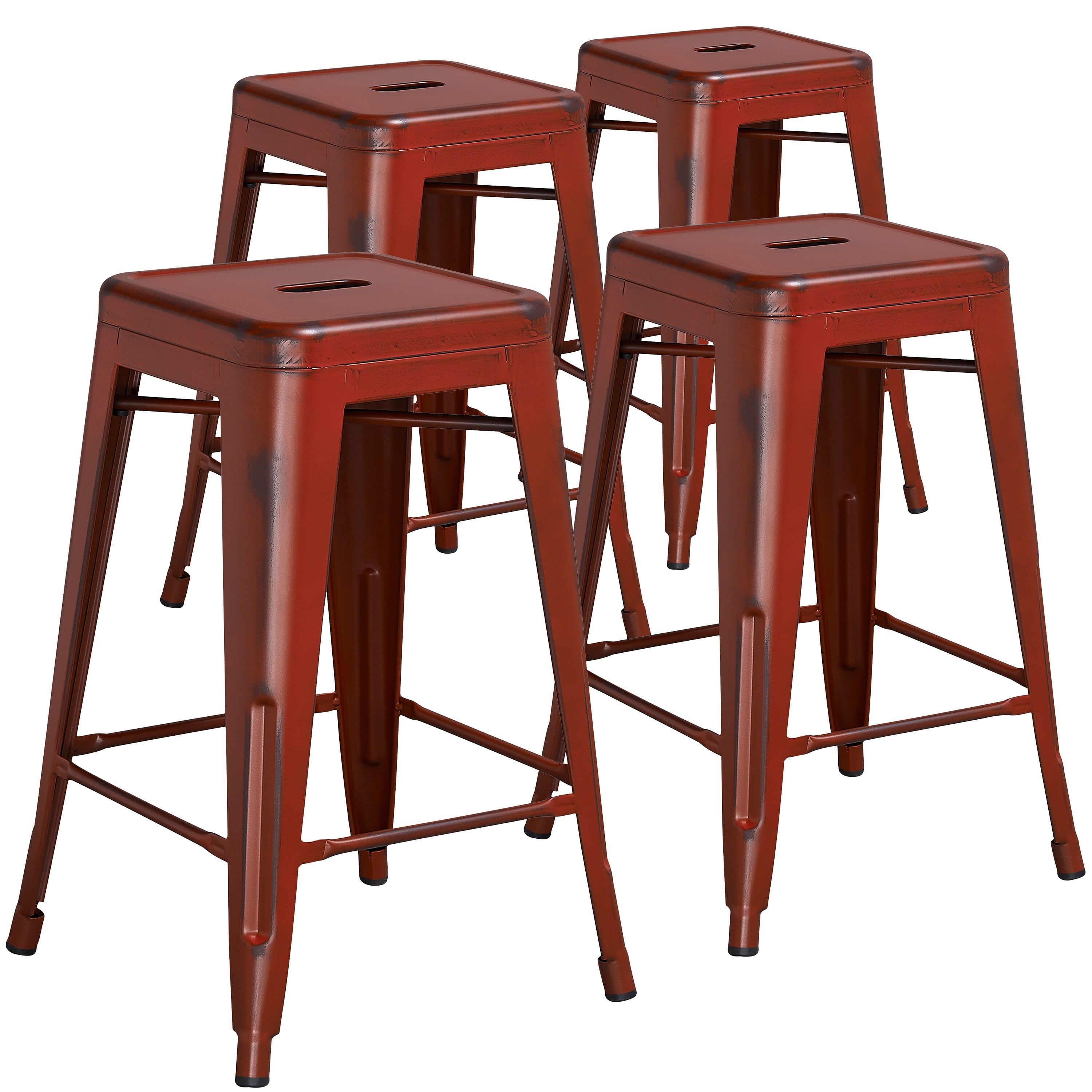 Flash Furniture Commercial Grade 4 Pack 30 High Backless Distressed Kelly Red Metal Indoor-Outdoor Barstool 