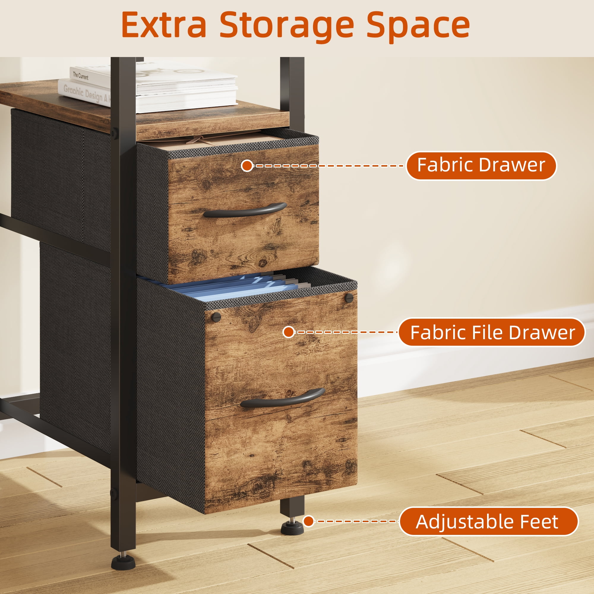 HIGDBFE 47 Inch Computer Desk with 4 Fabric File Drawers, Office Desk with Storage, Gaming Writing Table for Home Office Bedroom, Rustic Brown