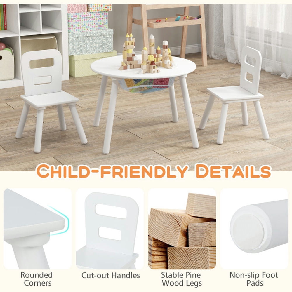 Kadyn Children Kids Table Chair Set,Children Playroom Table Chair Set,Wood Activity Kids Table and Chair Set with Center Mesh Storage-White
