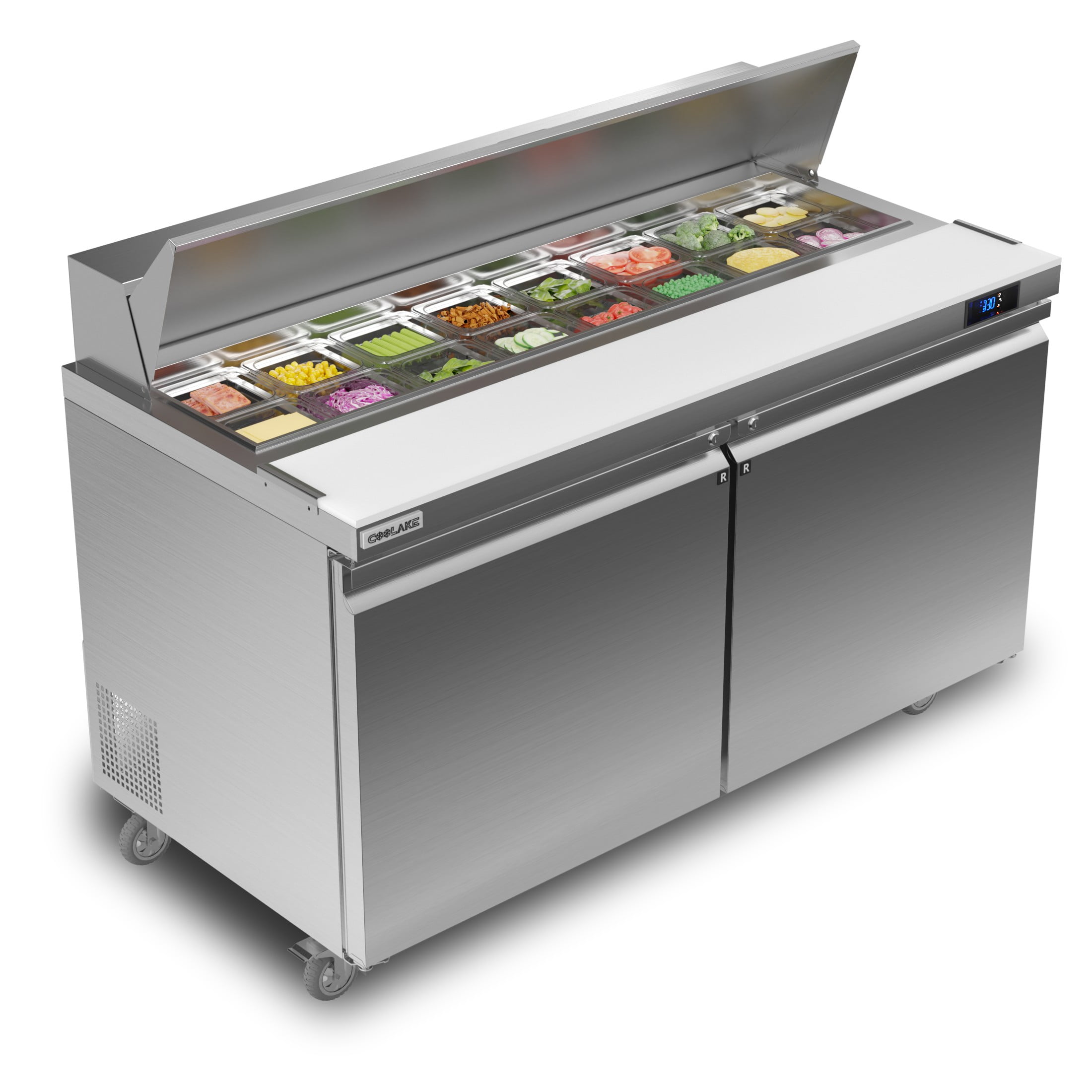 Coolake 60''W Commercial Salad Sandwich Prep Table Refrigerator, 2 Door Stainless Steel 18 Cu.ft Counter Fan Cooling Refrigerator