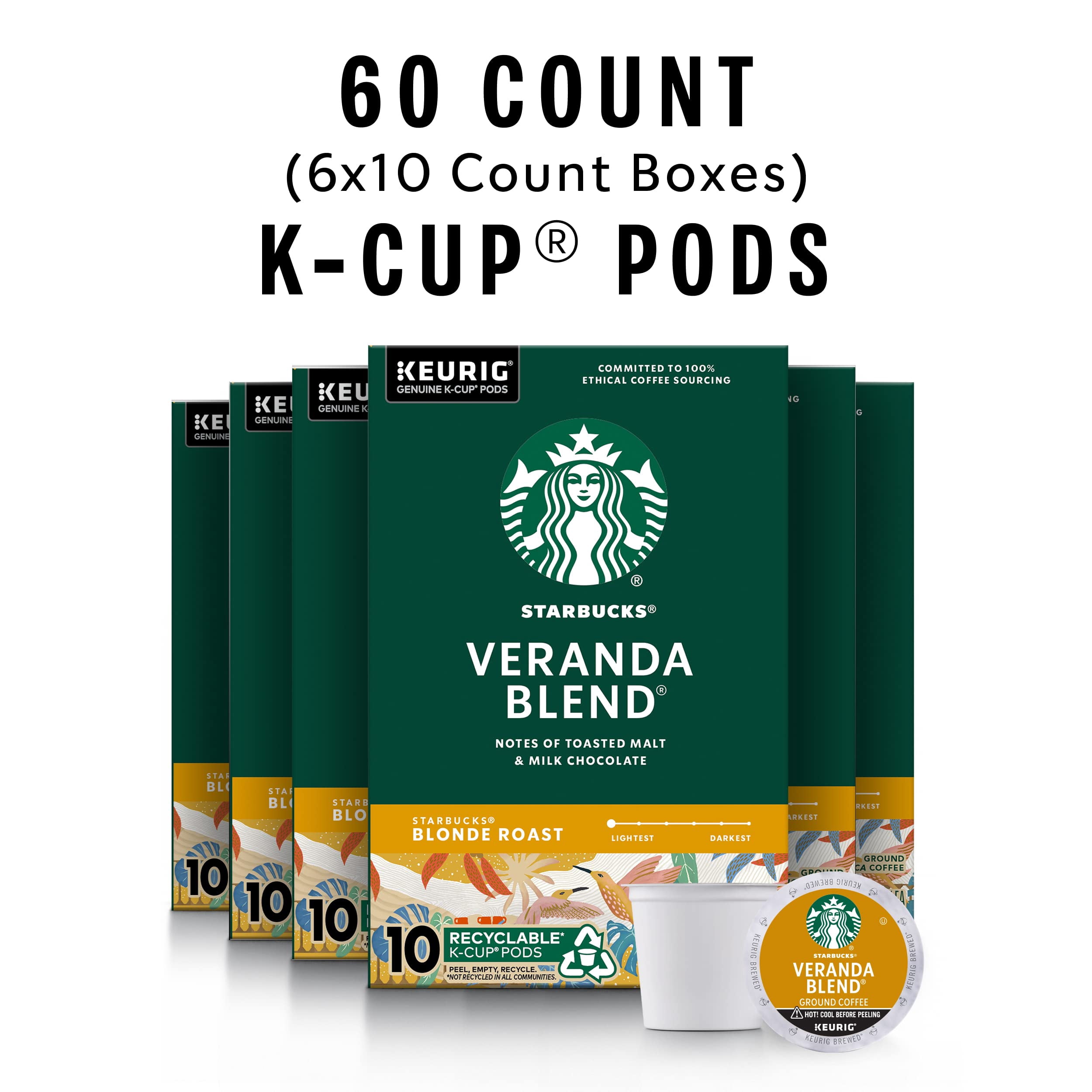 Starbucks K-Cup Coffee Pods—Starbucks Blonde Roast Coffee—Veranda Blend For Keurig Brewers—100% Arabica—6 Boxes (60 Pods Total)