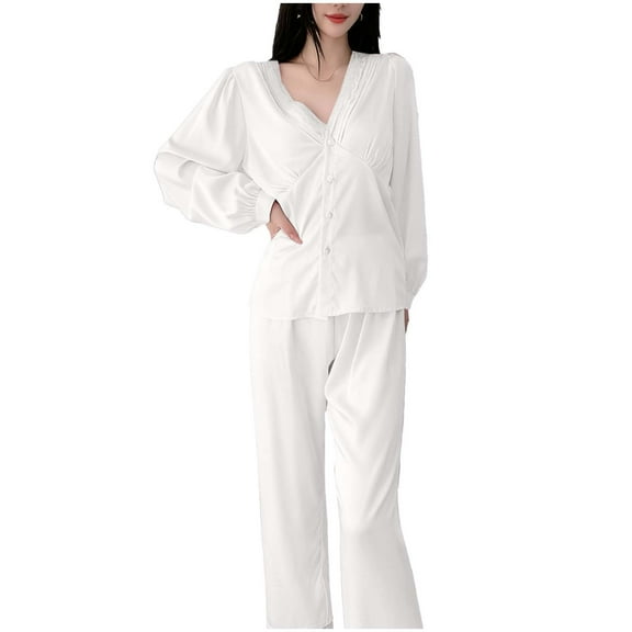 UAMVSH Satin Pajama Set for Women Lace Trim Long Sleeve Shirts and Pants Pj Set Casual Button V Neck Comfy Soft Loungewear
