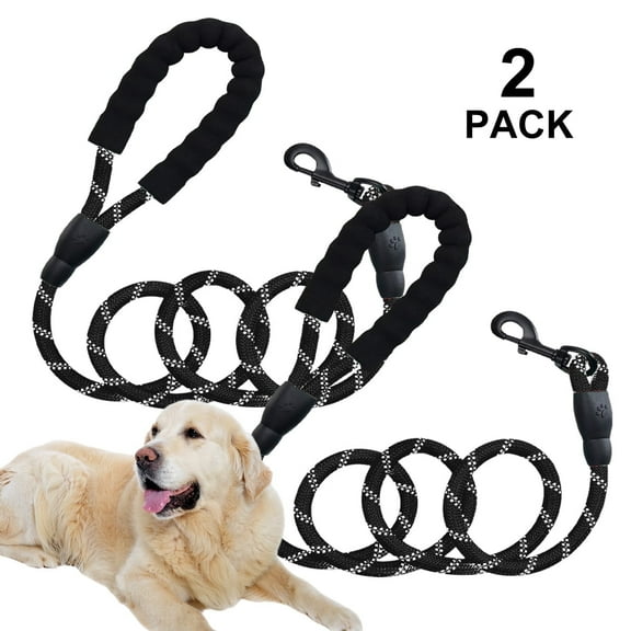 QiShi Reflective Strong Rope Dog Leash with Comfortable Padded Handle Heavy Duty Metal Clasp for Dogs for Pets (5 FT)Black-2PACK