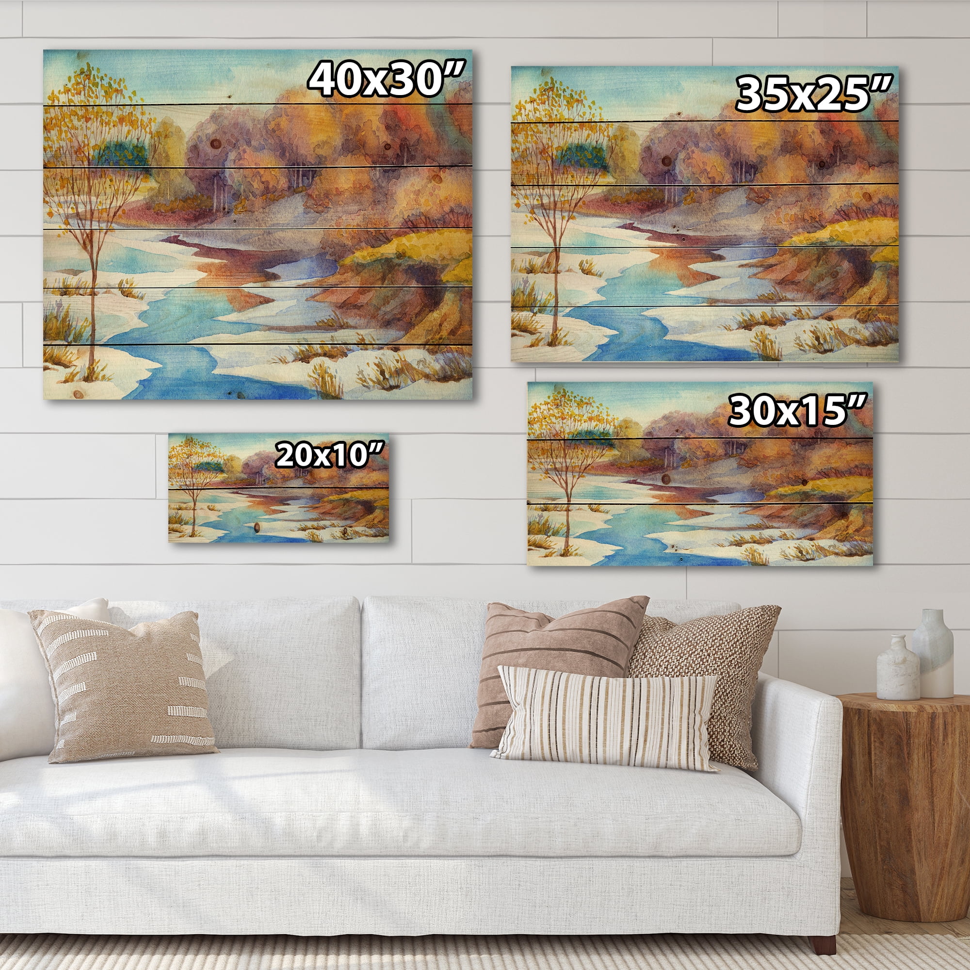 Designart 'Stream Though The Winter Forest Valley' Lake House Print on Natural Pine Wood