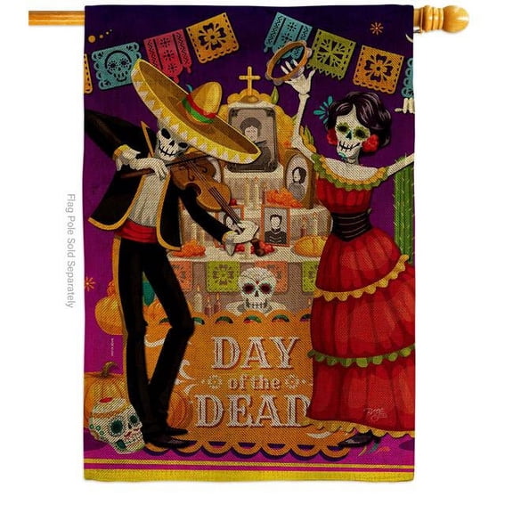Breeze Decor H120260-DB La Baile de Los Muertos Falltime Day of Diad 28 x 40 in. Double-Sided Decorative Vertical House Flag for Decoration Banner Garden Yard Gift
