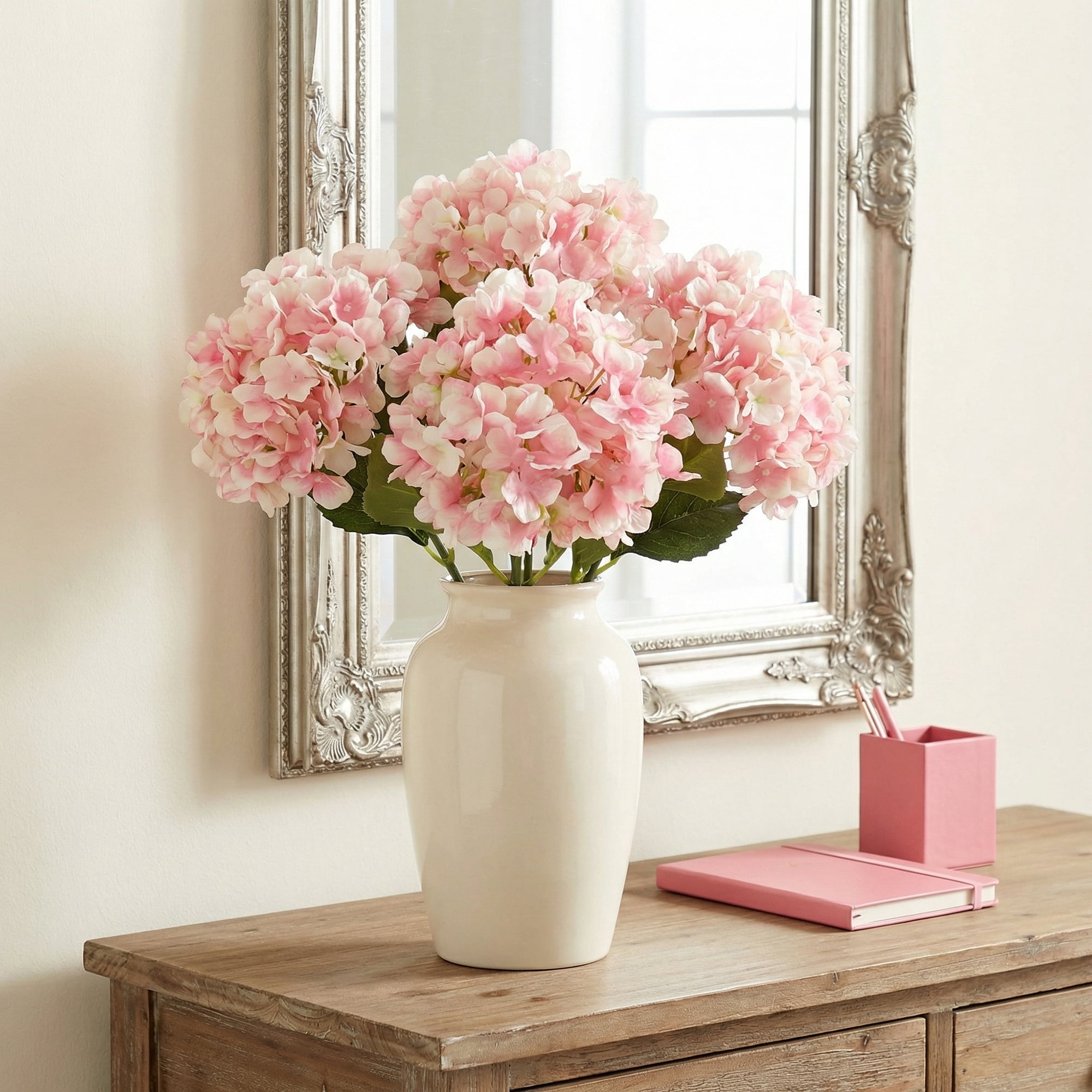 Unique Bargains 6Pcs Artificial Hydrangea Flowers Silk Bouquet Dark Pink 17.3"