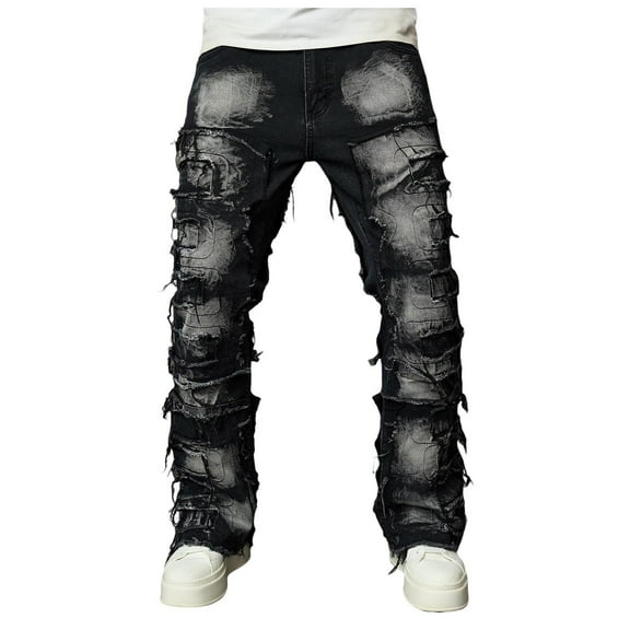 Men's Jeans Ripped Patch Slim Fit Hop Bootcut Trousers Street Style Skinny Distressed Men Pants