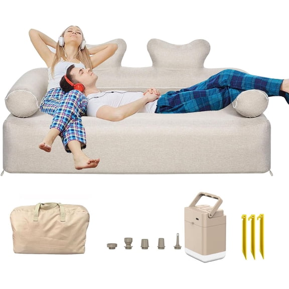 Inflatable Sofa with Built-in Air Pump Rechargeable,Inflatable Couch Support 880 lbs,Blow Up Couch for Camping Home,Travel,Picnic,Beach (Loveseat Khaki)