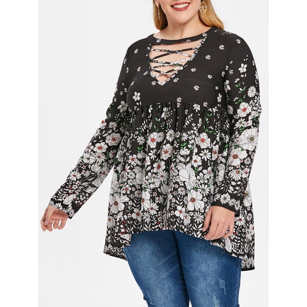 Camiseta con estampado floral estilo cruzado cruzado, talla cruzada, talla grande Rosegal de una pieza