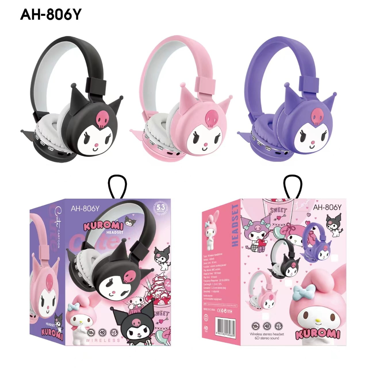 Sanrio Kuromi Wireless Bluetooth Headsets Cartoon with Mic Foldable Lightweight Earphone for Phones Laptop