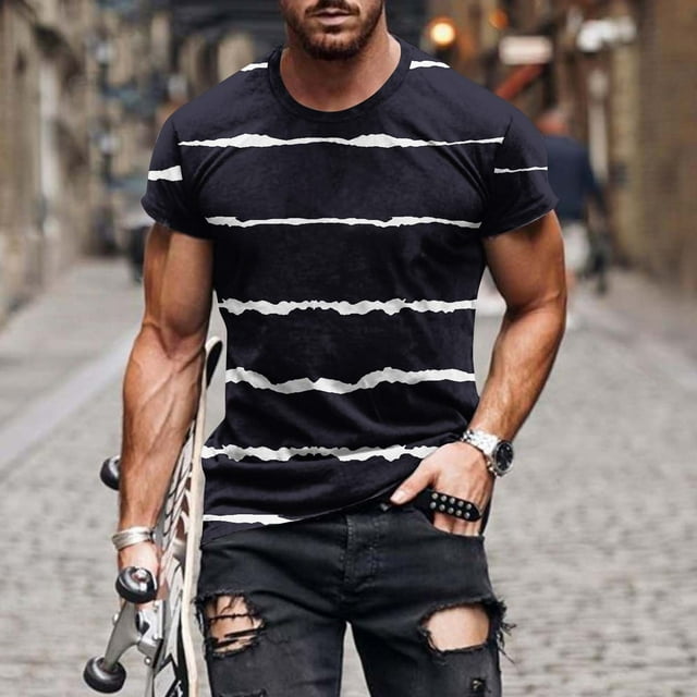 Qertyioot T-Shirt à Manches Courtes pour Hommes, Col Rond, Rayé, Imprimé, Entraînement Physique, Sport, en Solde