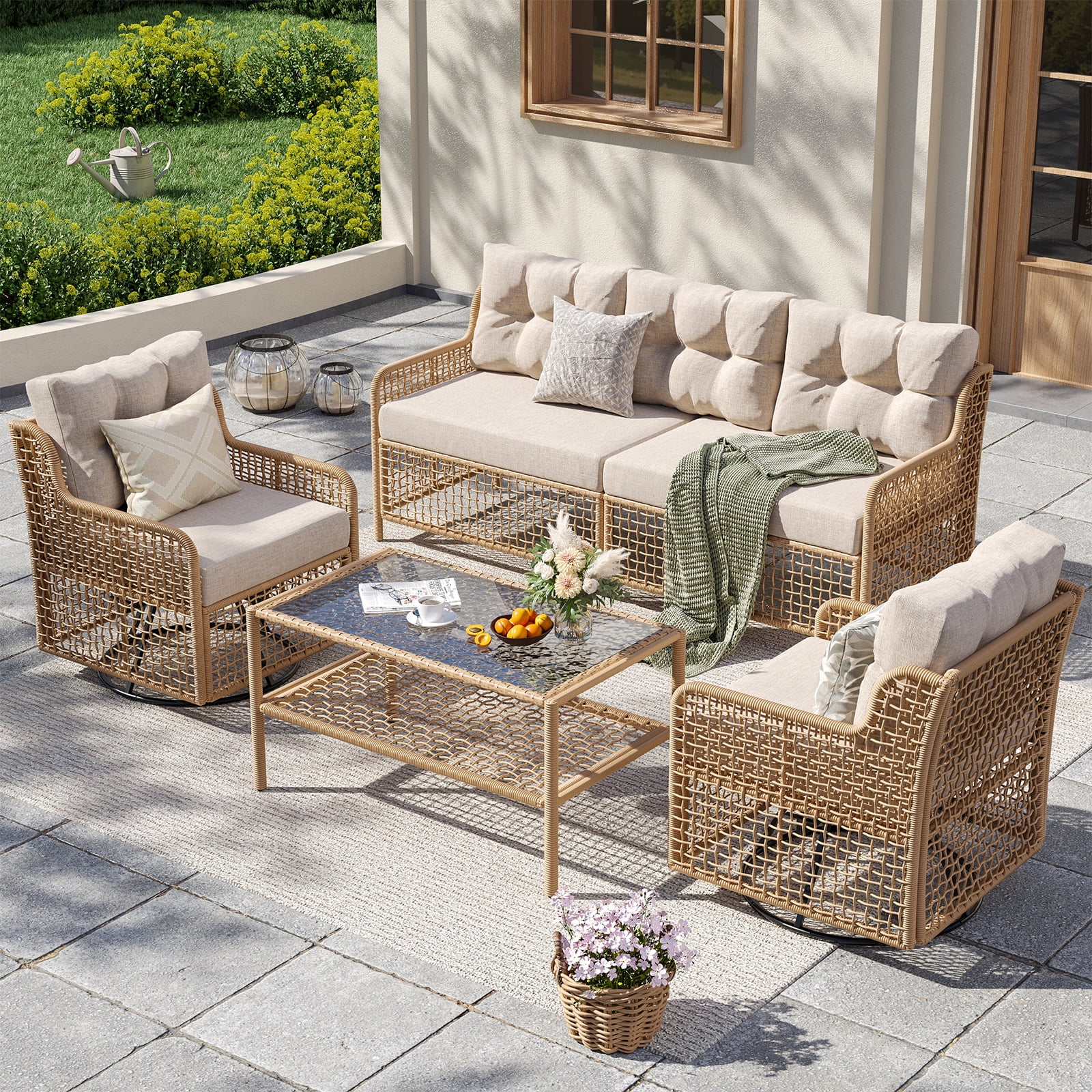 ELPOSUN 5-Seat Outdoor Patio Furniture Set, Wicker Rattan Outdoor Furniture Set with Swivel Chairs & All-Weather Thickened Cushions for Garden, Porch, Backyard, and Poolside, Beige