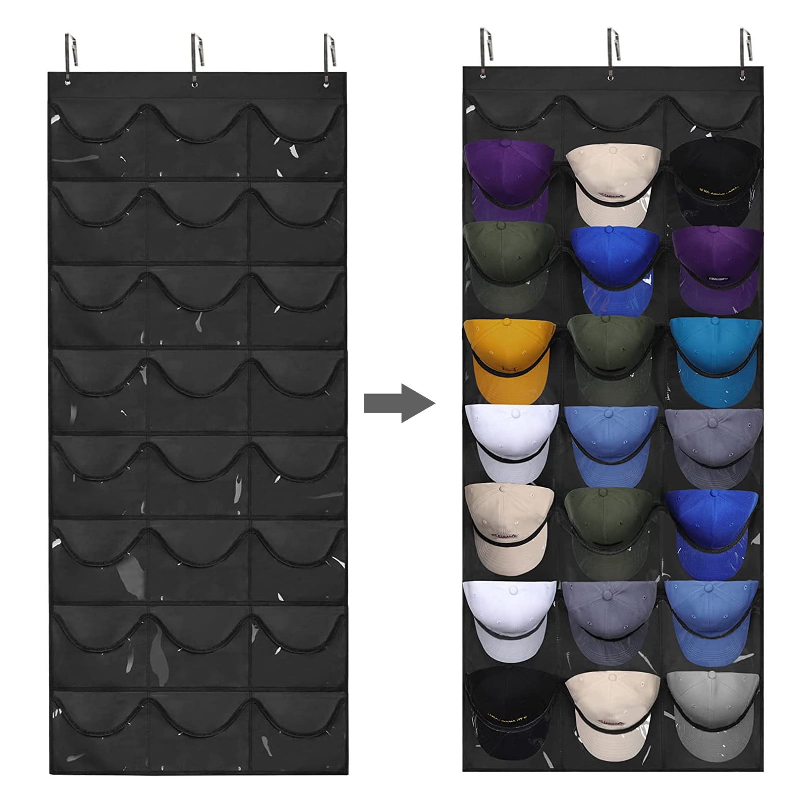 Baseball Hat Rack OverTheDoor Cap Organizer with 24 Clear Pockets & 2