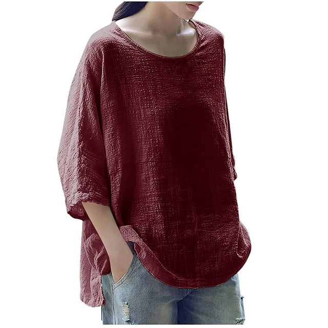 CHOK Soldes d'Hiver! Hauts pour Femmes Grande Taille Manches 3/4 Col Rond Volant Décontracté T-Shirts Amples Unis Été Automne Tunique Basique Chandail Blouses T-Shirts