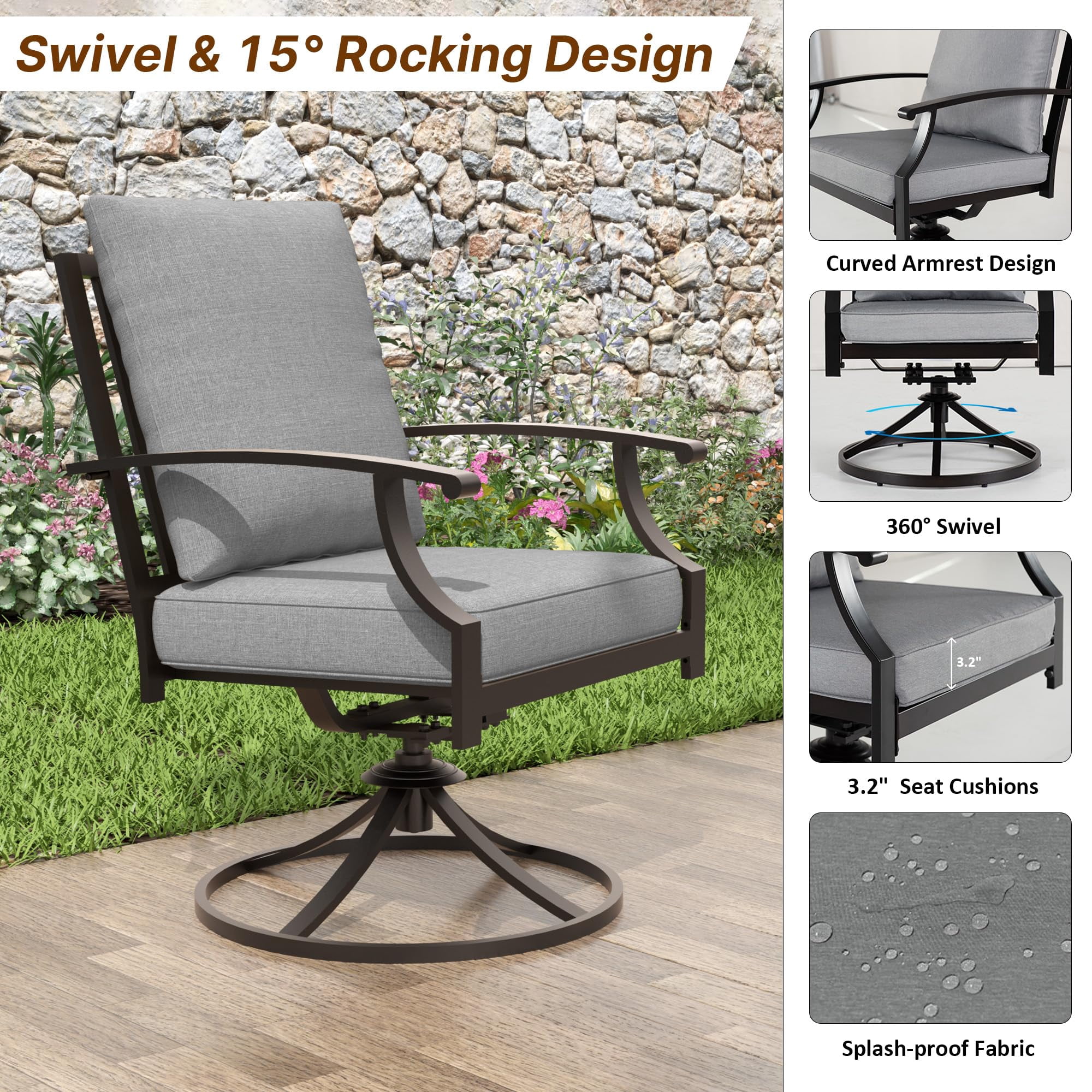 ALAULM 8 Piece Patio Dining Set w/14FT Umbrella, Metal Outdoor Furniture Set w/Rectangular table, 8 Fixed Chairs and Removable Cushions for Patio, Backyard, Garden, Poolside（Grey）