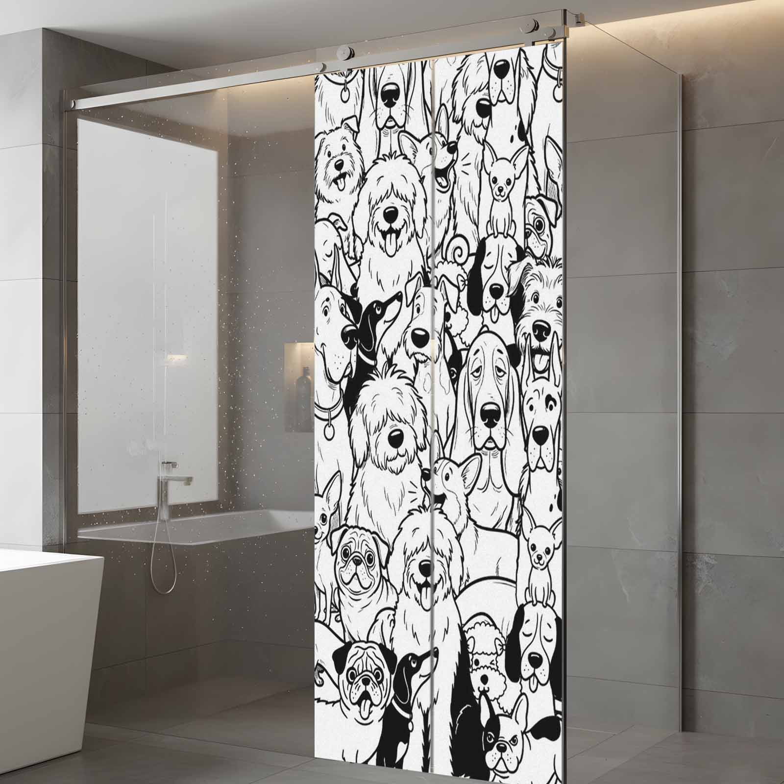 Cute Dag Window Privacy Film, Black White Lines Puppy Cartoon Animal Abstract Frosted Glass Window Clings Static Cling UV Heat Blocking Reusable Door Sticker for Bathroom 23.6 x 59 Inch