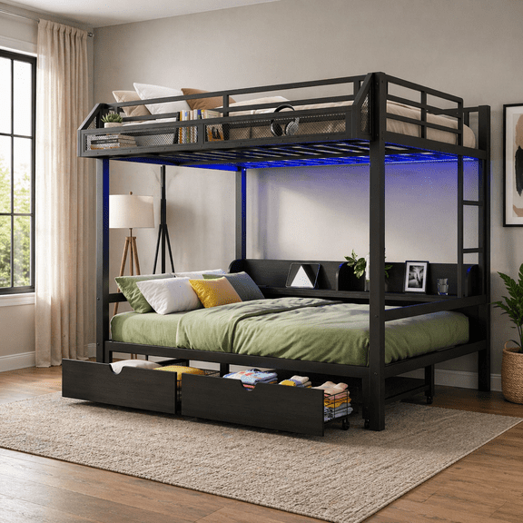 Queen over Queen Bunk Bed with 2 Drawers, Shelf, Charging Station, Black