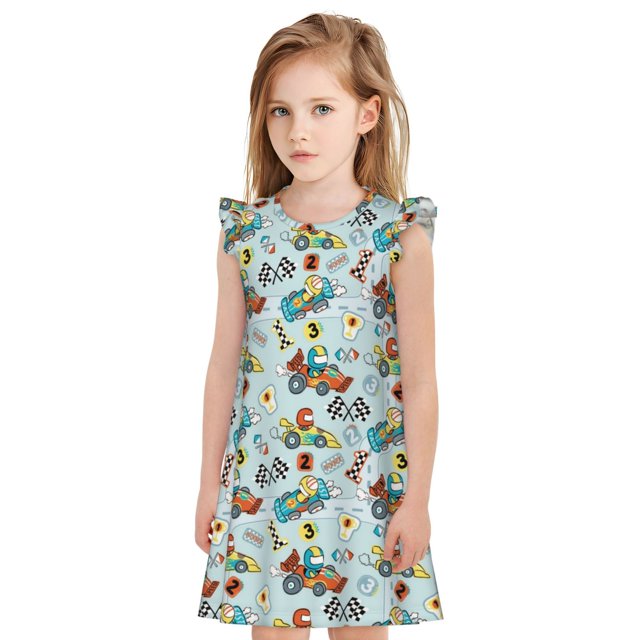 Fotbe Cartoon Car Racing Vestido de Dormir para Niñas de 3 a 10 Años, Mangas Cortas, Estilo Princesa, Pijama Camisón con Mangas Voladas-XX-Large