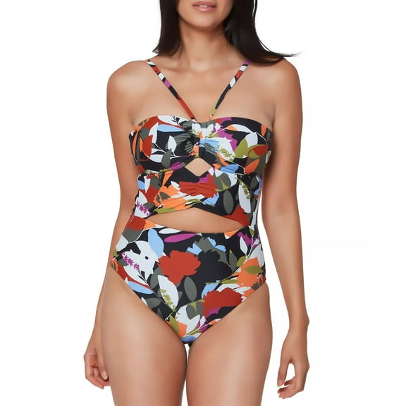 Bar III OLIVE MULTI Printed Bandeau Cutout One-Piece Swimsuit, US Small