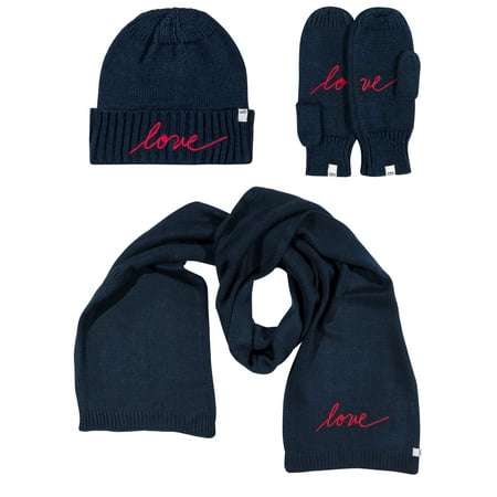 ED Ellen DeGeneres Ladies 3 Piece Cold Weather Accessory Set with Cuffed Hat, Mittens, and Scarf
