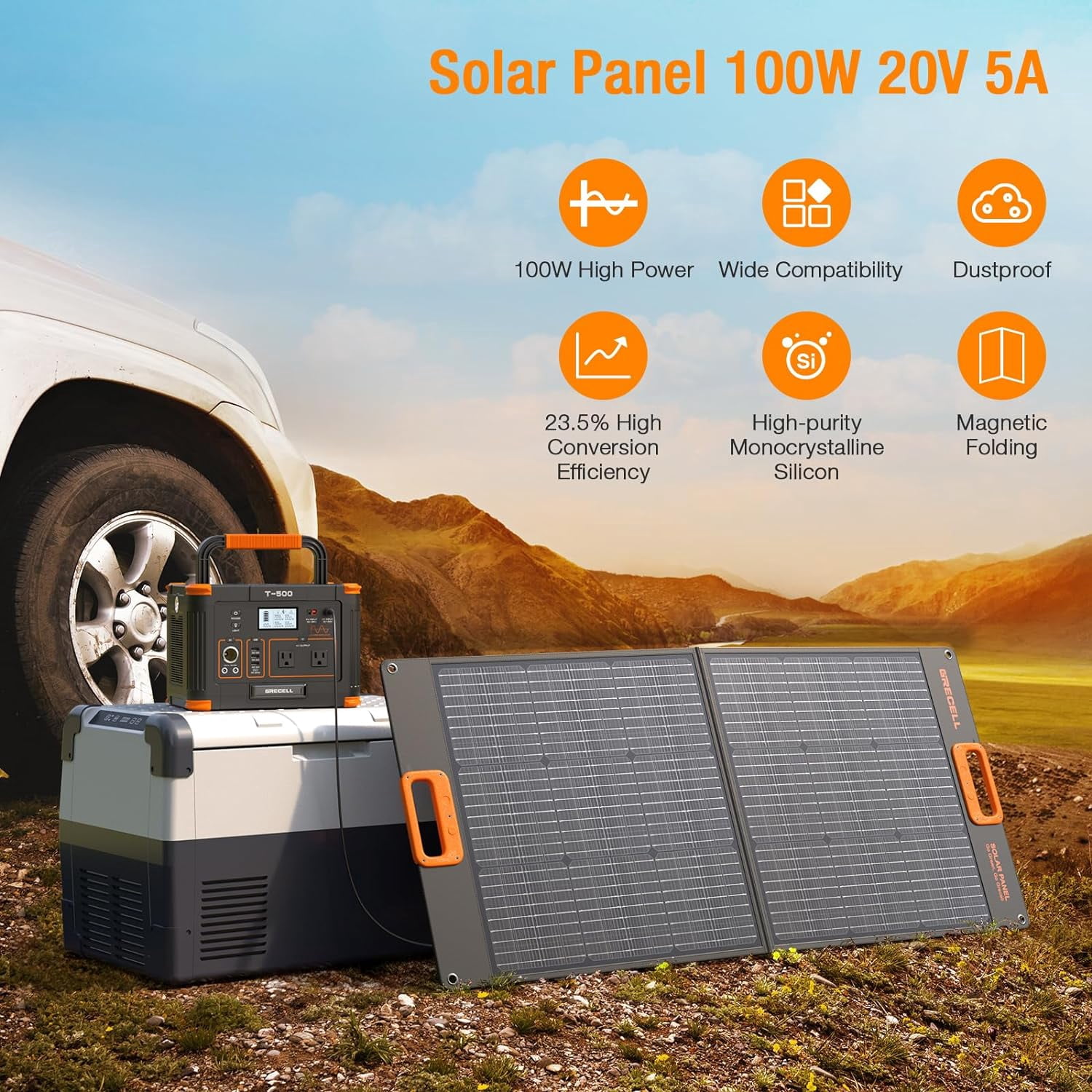 GRECELL 500W Power Station 100W with Portable Solar Panel Kit , 519Wh/140400mAh Solar Generator Outdoor Backup Lithium Battery Pack Power Supply with AC Outlet for Camping Home Emergency Traveling