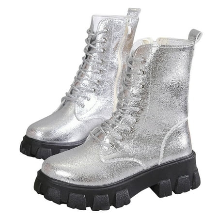 KIJBLAE Women s Platform Boots Lace Up Ankle Boots Chunky Heel Combat Boots Zipper Side Buckle Shoes Silver 36