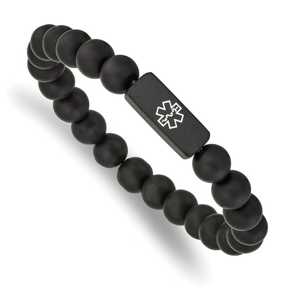 Primal Steel Stainless Steel Brushed Black IP-plated Medical ID Black Agate Stretch Bracelet