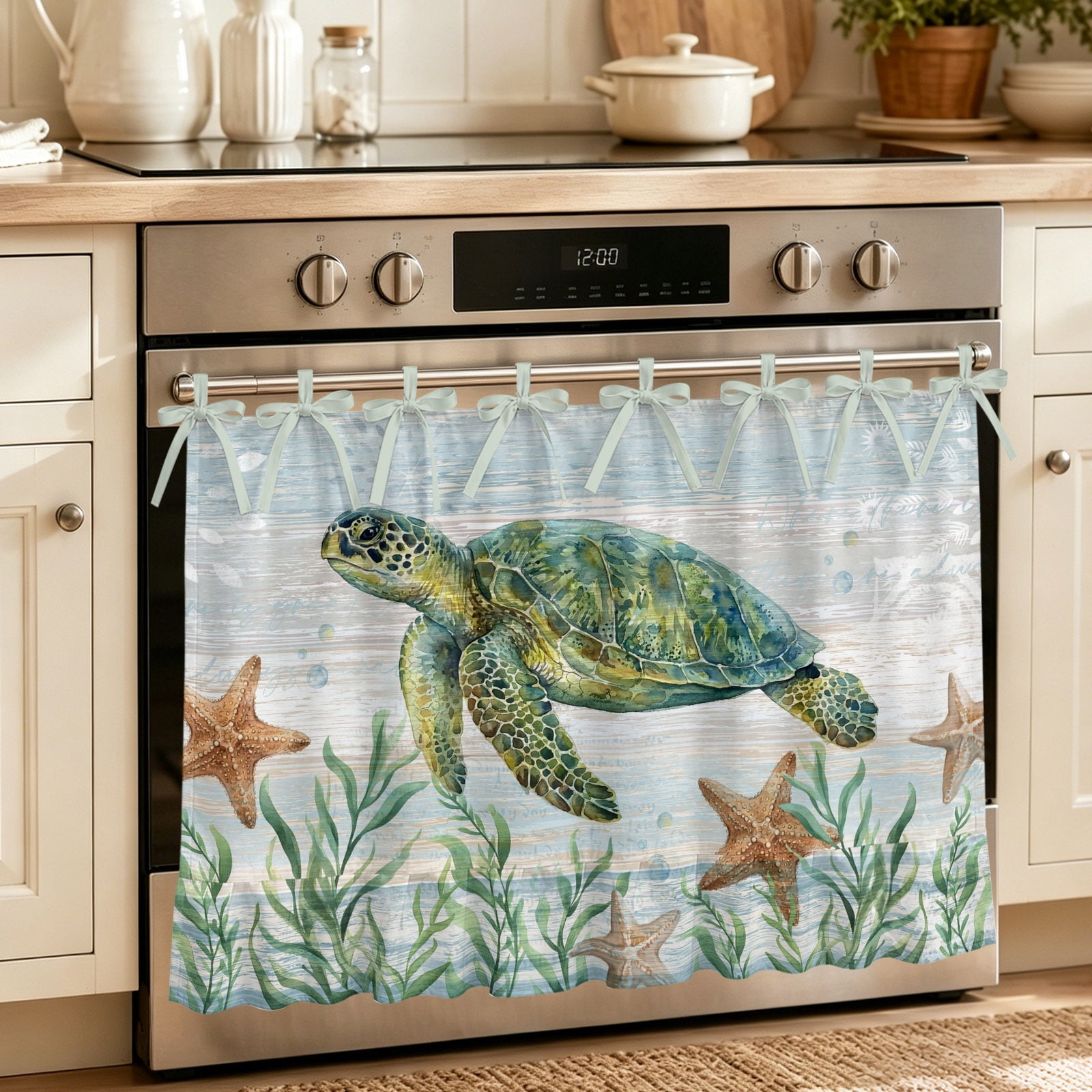 Ocean Green Turtles Oven Skirt for Farmhouse Kitchen D&eacute;cor Coastal Starfish Summer Nautical Seagrass Oven Curtain Tie Top Decorative Stove Skirt Cabinet Dish Washer Curtains 8 Ribbon Ties 27 x20