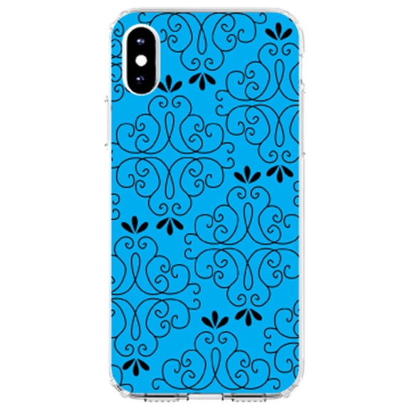 DistinctInk Clear Shockproof Hybrid Case for iPhone XS Max (6.5" Screen) - TPU Bumper, Acrylic Back, Tempered Glass Screen Protector - Blue Black Floral Pattern