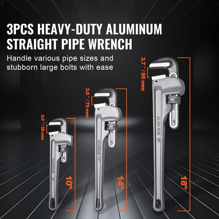 4-Piece Aluminum Pipe Wrench Set – 10, 14, 18, 24 Inch Sizes, Adjustable Jaw, Lightweight