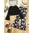 thumbnail image 4 of Mikrdoo Kids Girls Pants Sets Solid Color 13-14 Years Big Girls Long Pagoda Sleeve Tops Floral Print Bell-bottomed Pants 2Pcs Outfits Black, 4 of 8