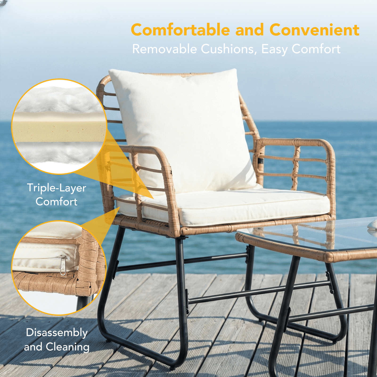 SHOUFTW 4 Piece Patio Furniture Set, Outdoor Patio Seating Set for Apartment Balcony, Space-Saving Rattan Conversation Set with Loveseat and Side Table for Patio, Front Porch & Pool, Small Spaces