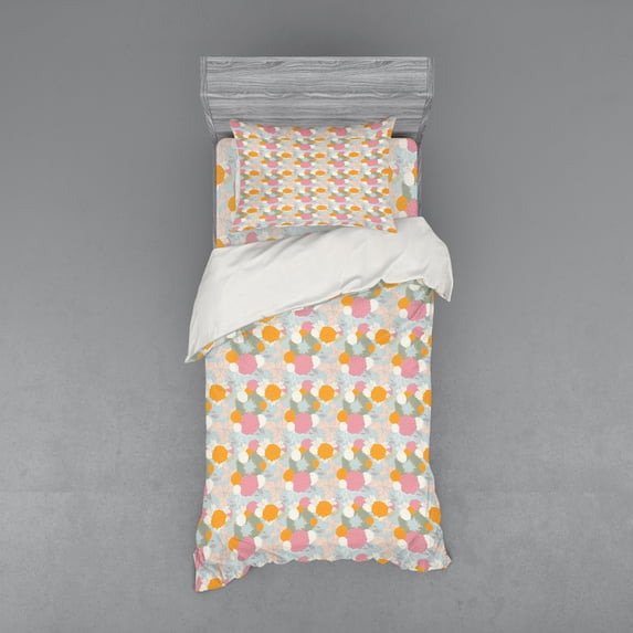 Floral Duvet Cover Set, Vintage Inspired Repetition of Abstract Flowers Pastel Tones, Bedding Set with Shams and Fitted Sheet, 3 Sizes, by Ambesonne