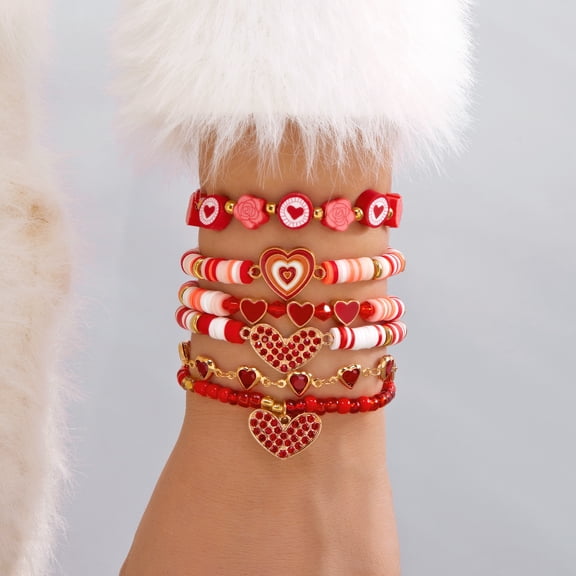 NICKSUN Love Bracelets for Women Heishi Surfer Red Clay Bead Bracelet Set Love Heart Boho Cute Red Stackable Stretch Jewelry Mother's Day Valentines Birthday Mom Mama Gifts
