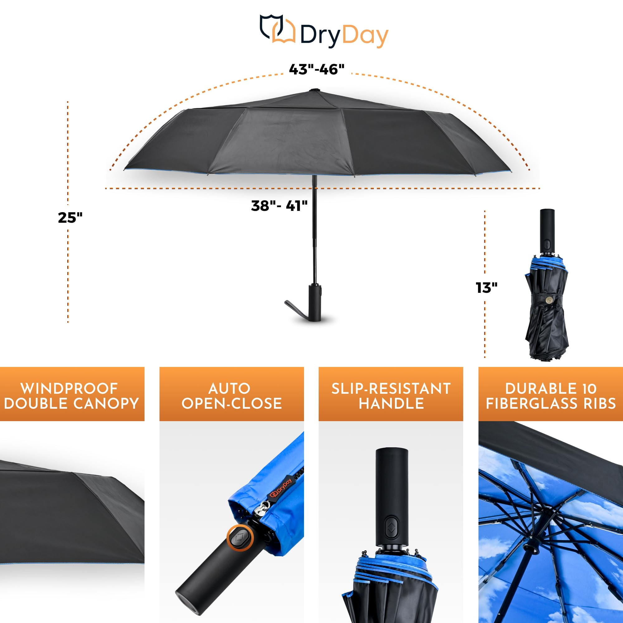 DryDay 43" Travel Umbrellas for Rain - Large Windproof Double Canopy Umbrella, 10 Durable Ribs, Strong Frame, Auto Open Close Ergonomic Handle, Compact Waterproof Umbrella for Women & Men, Blue Sky